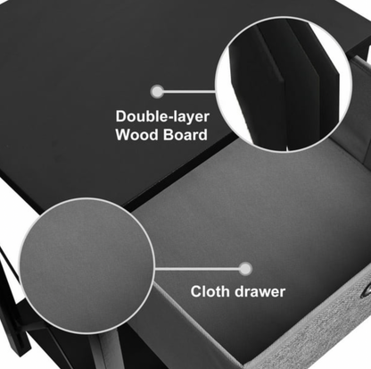Gros plan du dessus noir et du tiroir en tissu gris de la table de chevet avec mentions Double-layer Wood Board et Cloth Drawer