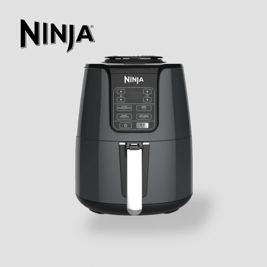 Ninja AF101C black air fryer with digital control panel and pull-out basket, front view