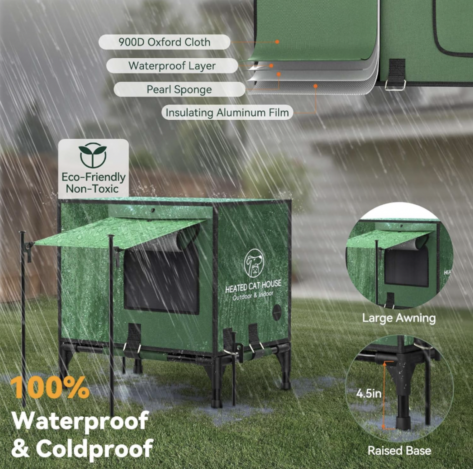 Abri pour chat extérieur vert sous la pluie montrant la composition en couches tissu Oxford 900D, couche imperméable, mousse perlée et film d'aluminium, mention 100% imperméable et anti-froid