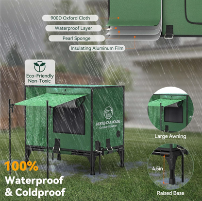 Abri pour chat extérieur vert sous la pluie montrant la composition en couches tissu Oxford 900D, couche imperméable, mousse perlée et film d'aluminium, mention 100% imperméable et anti-froid