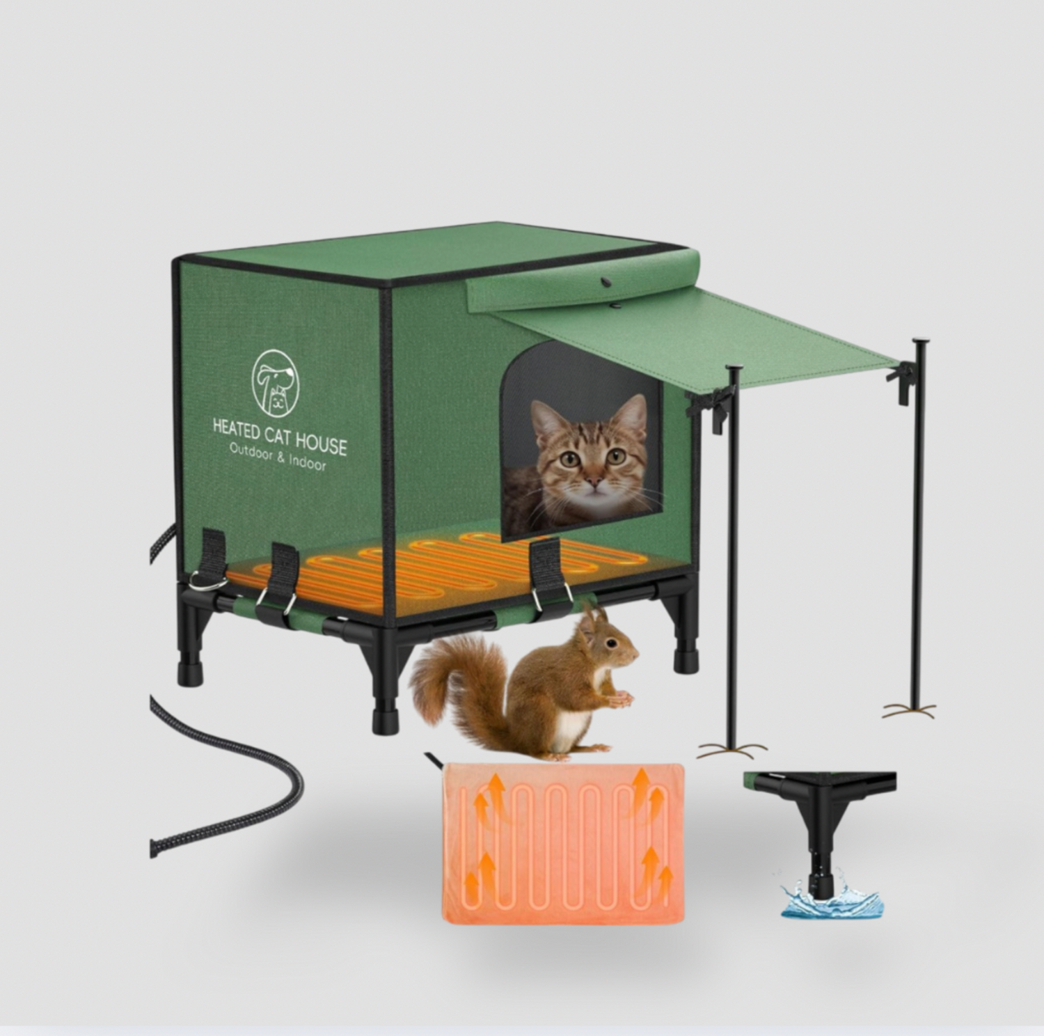 Maison chauffée pour chat Pawaboo verte avec auvent, cadre noir surélevé et chat tigré à l'intérieur, avec écureuil, tapis chauffant et cordon d'alimentation accessoires