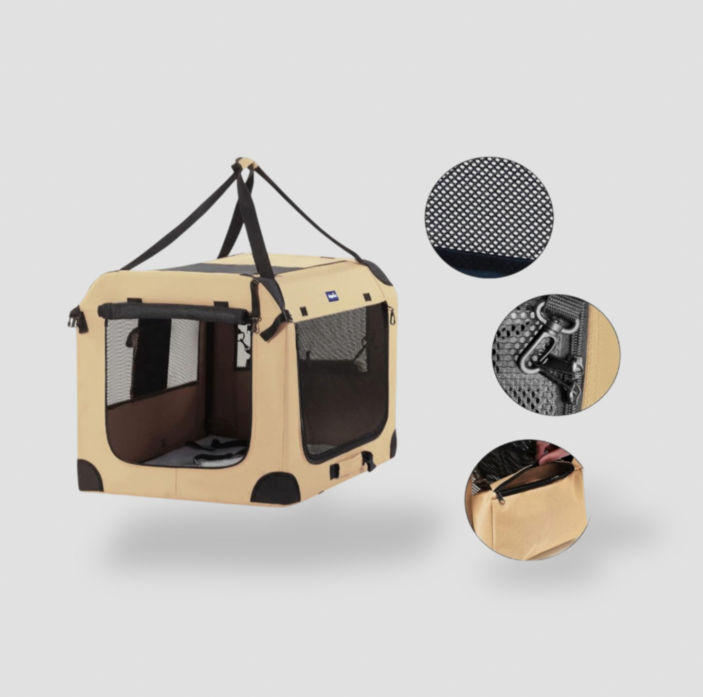 Cage de transport pour chien souple beige tan avec fenêtre en mesh et zooms sur tissu, clip et rangement