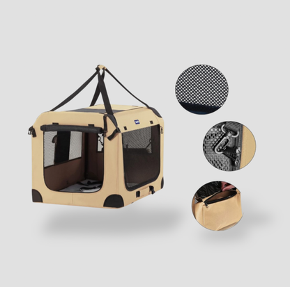 Cage de transport pour chien souple beige tan avec fenêtre en mesh et zooms sur tissu, clip et rangement