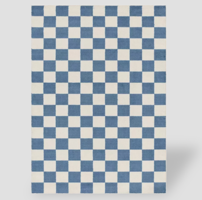 Tapis pour enfants à damier bleu et crème, vue rectangulaire en plongée