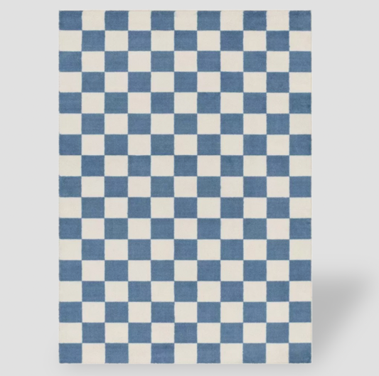 Tapis pour enfants à damier bleu et crème, vue rectangulaire en plongée
