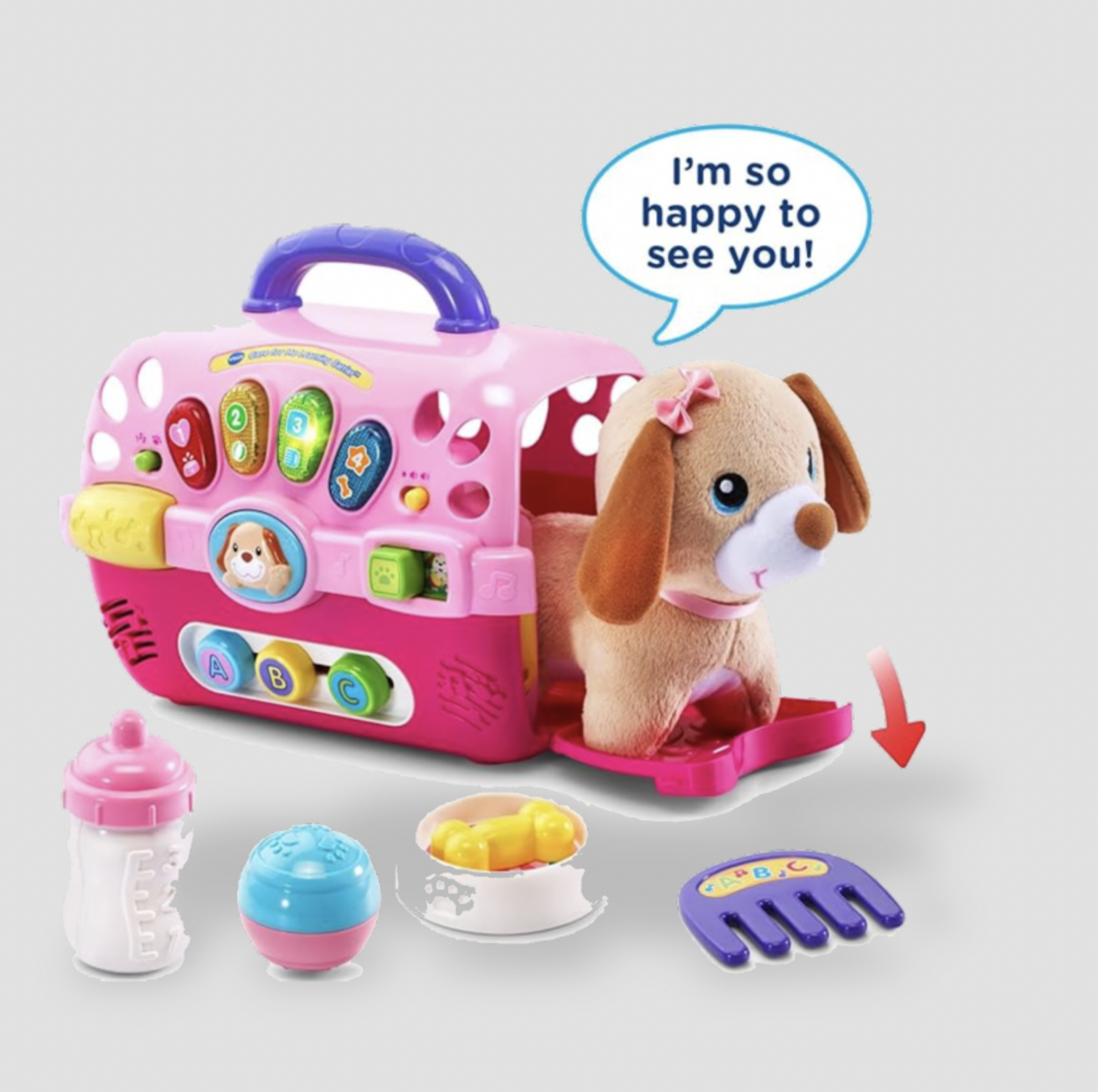 Jouet de transport éducatif rose avec peluche chiot dans une scène à bulle de dialogue et ensemble complet d'accessoires