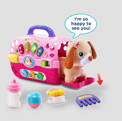 Jouet de transport éducatif rose avec peluche chiot dans une scène à bulle de dialogue et ensemble complet d'accessoires