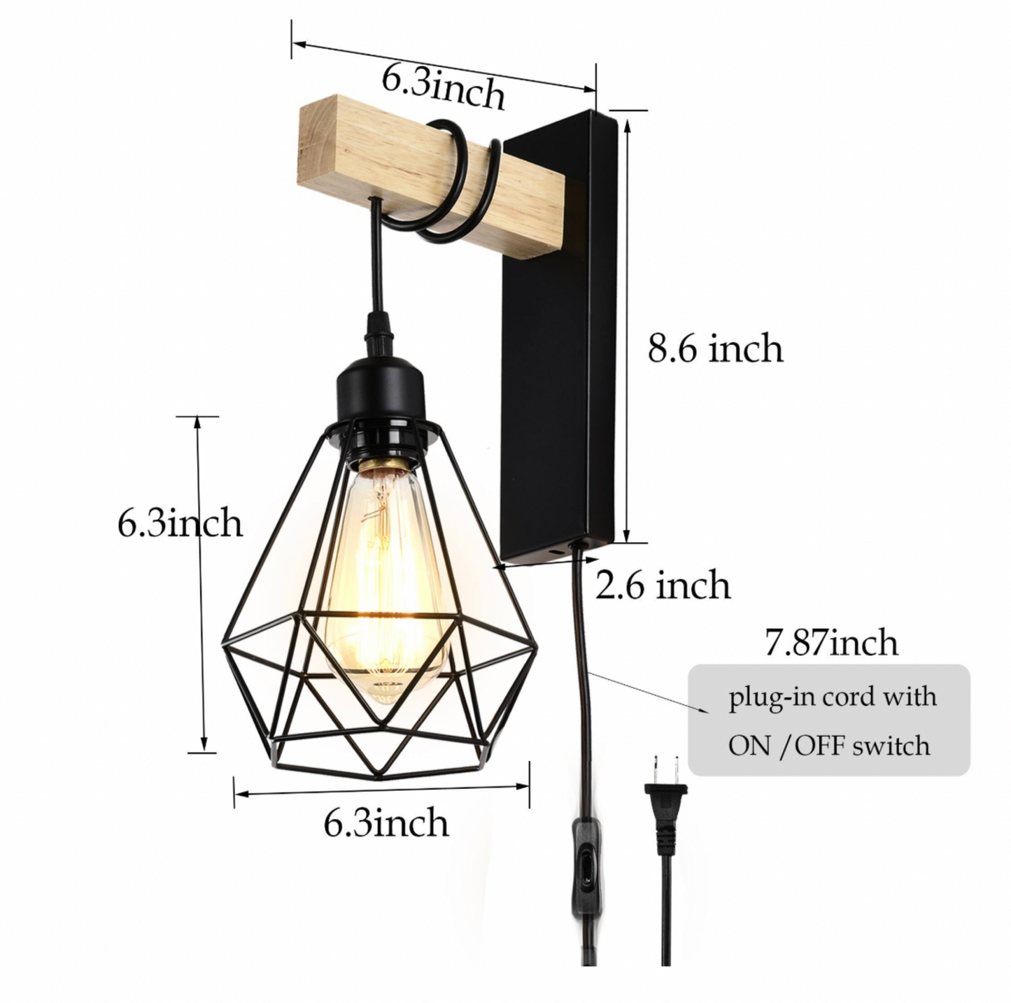 Applique murale à brancher noire avec dessus en bois montrant les dimensions 6,3 x 8,6 x 6,3 pouces avec cordon de 7,87 po