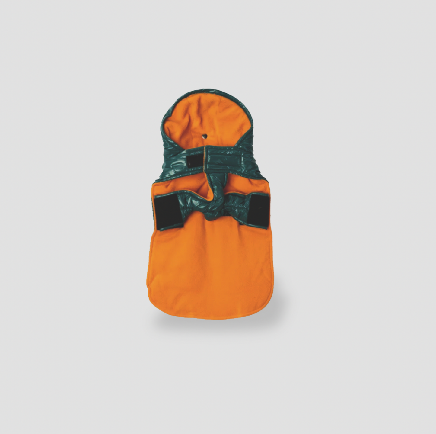 Veste pour chien teal réversible retournée sur l'intérieur orange avec capuche et bandes auto-agrippantes
