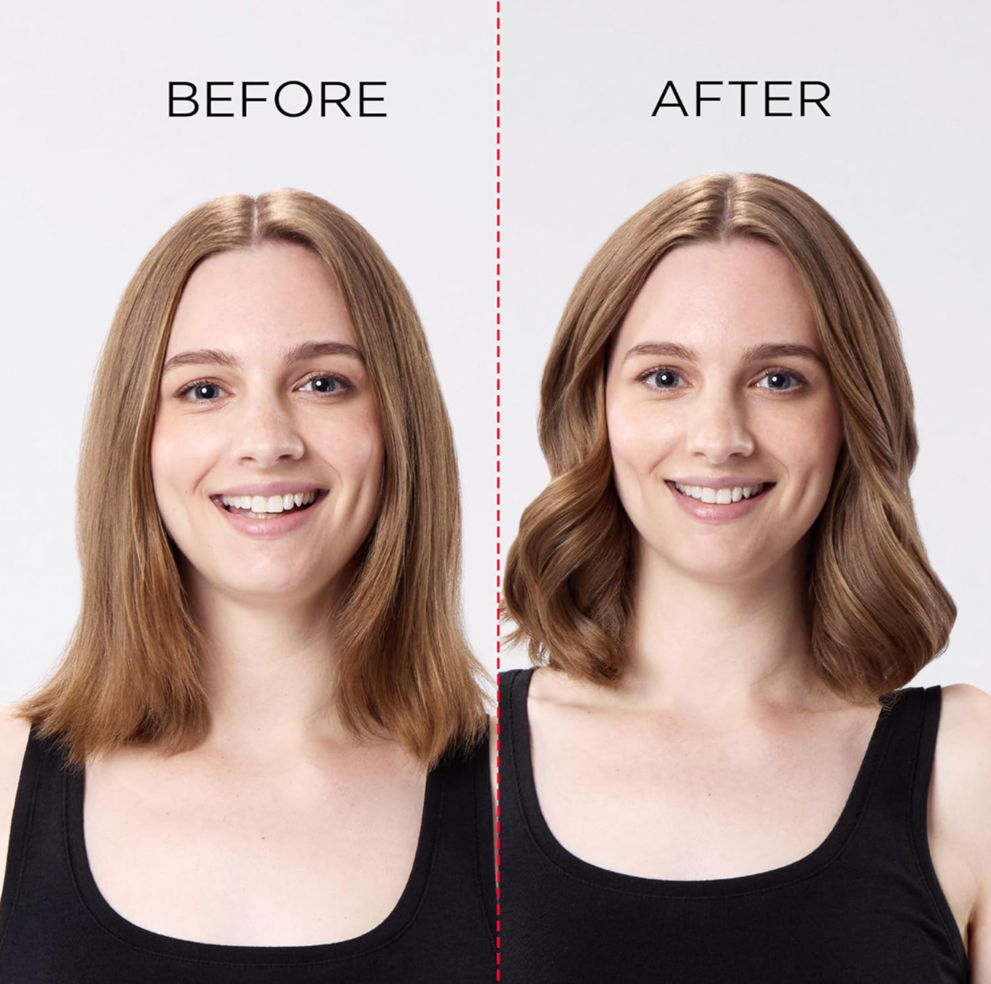 Comparaison avant et après coiffage montrant cheveux raides et résultat ondulé avec volume de la brosse soufflante Revlon