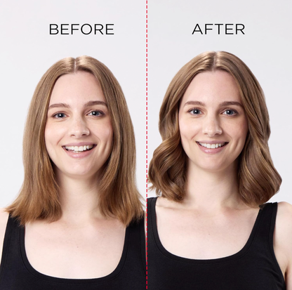 Comparaison avant et après coiffage montrant cheveux raides et résultat ondulé avec volume de la brosse soufflante Revlon