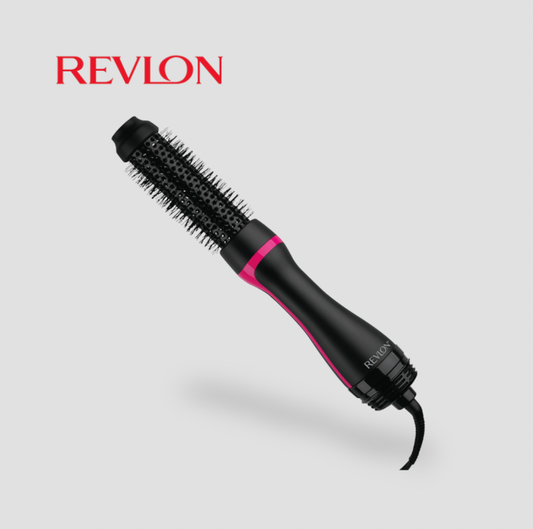 Revlon One-Step Root Booster round brush hair dryer in black with pink accent, three-quarter view