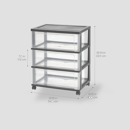 Chariot de rangement à trois tiroirs sur roulettes avec dimensions indiquées 21,25 x 15,75 x 25,94 pouces