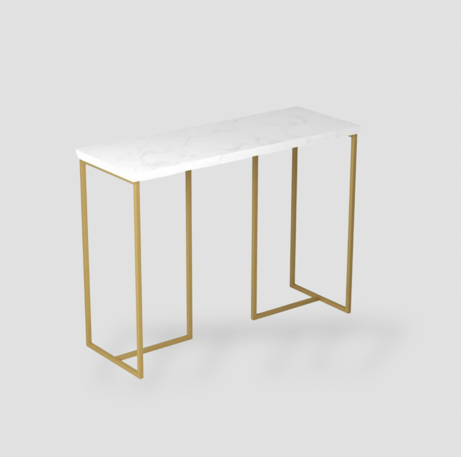 Table console rectangulaire avec plateau en marbre blanc et piètement en métal doré, vue trois-quarts