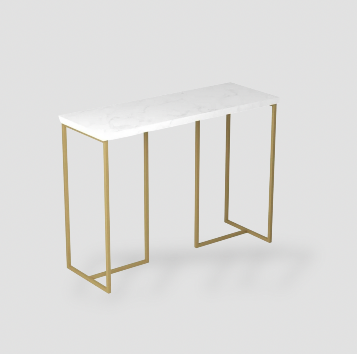 Table console rectangulaire avec plateau en marbre blanc et piètement en métal doré, vue trois-quarts