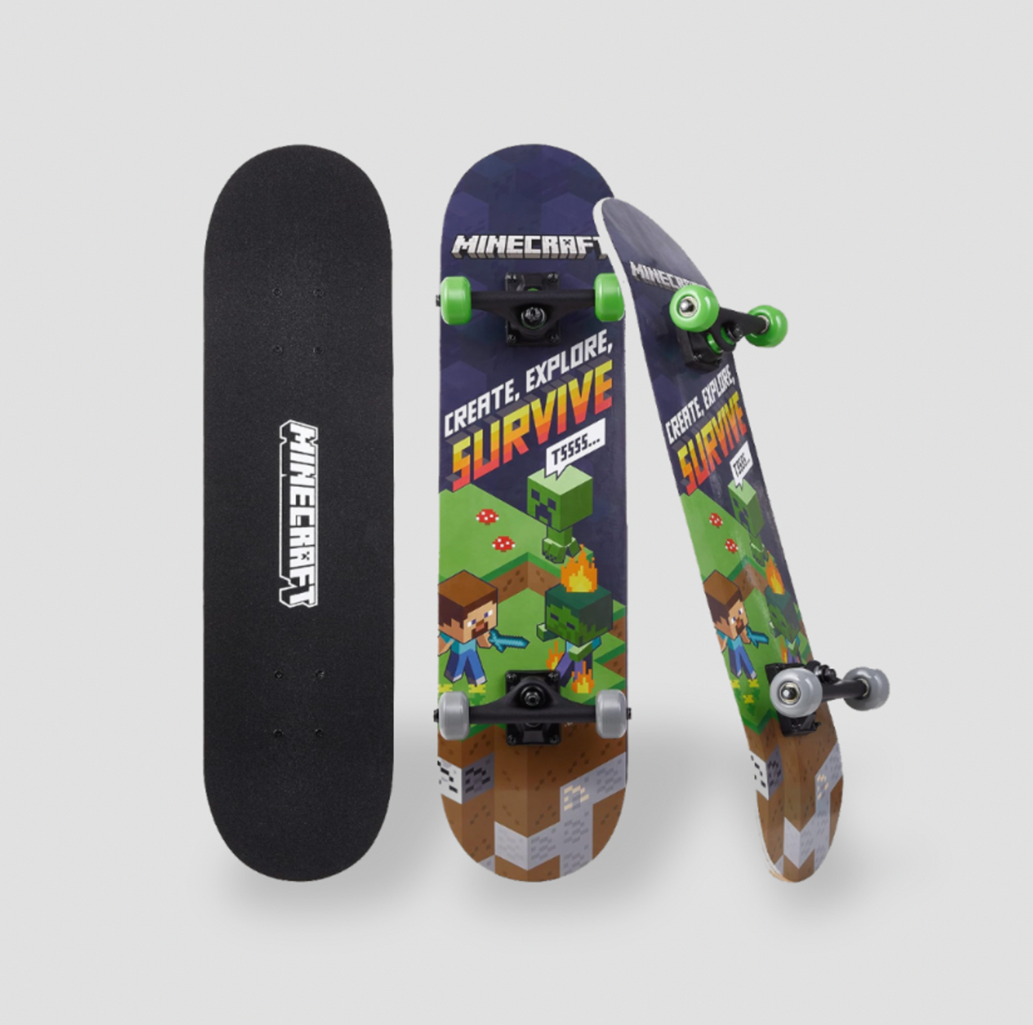 Planche à roulettes Sakar Minecraft 31 pouces avec roues vertes montrant le graphisme Create Explore Survive sur le dessus, le grip dessous et le profil de côté