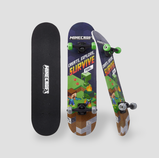 Sakar Minecraft 31 inch skateboard with green wheels showing Create Explore Survive top graphic, grip tape underside and side profile