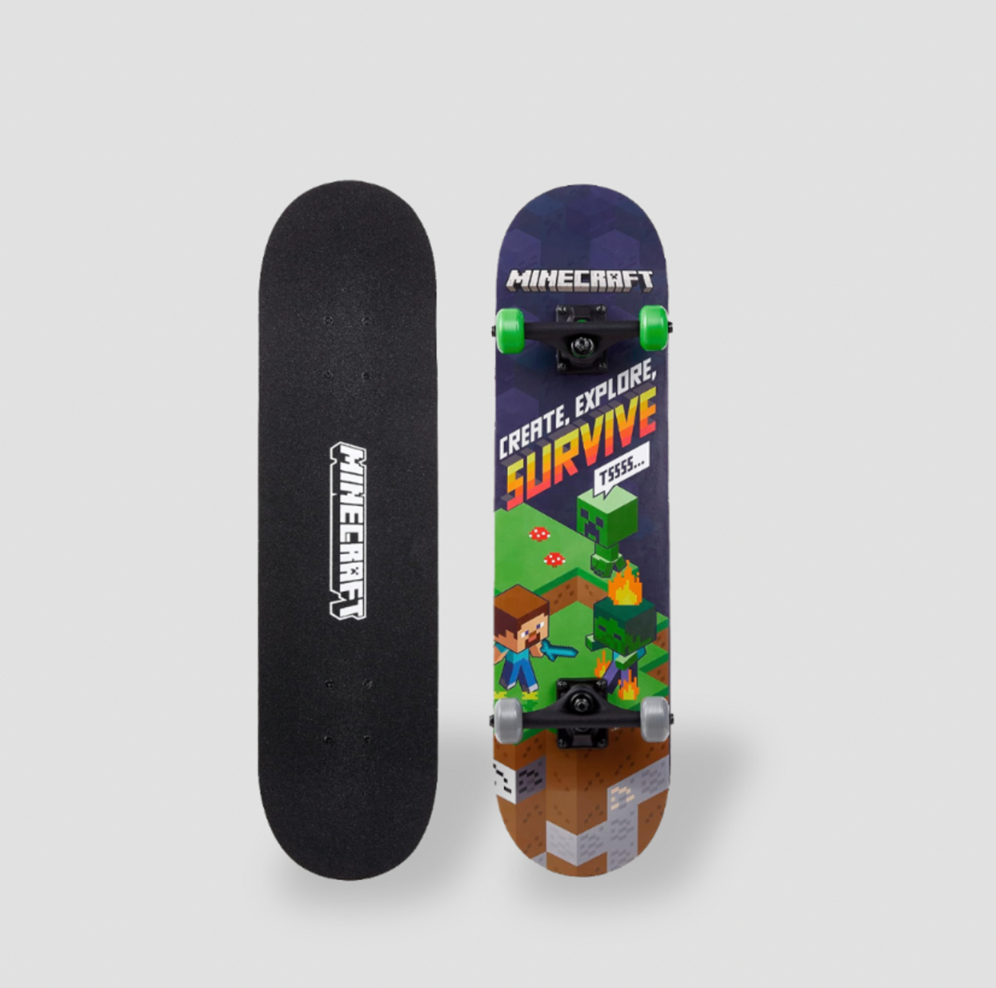 Vues du dessus et du graphisme de la planche Sakar Minecraft côte à côte avec roues vertes et impression Survive