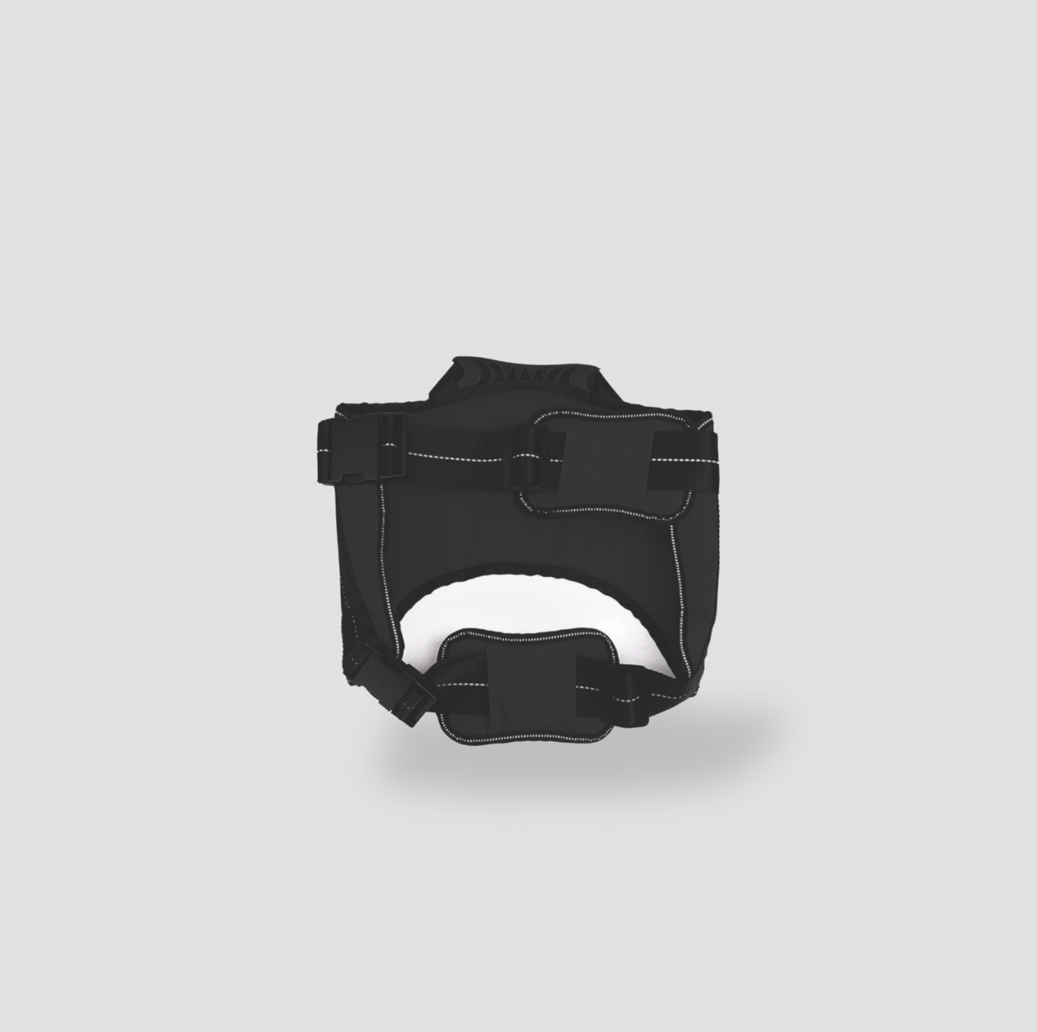 Vue arrière du harnais pour chien noir avec sangle poitrail ajustable et boucles à dégagement rapide