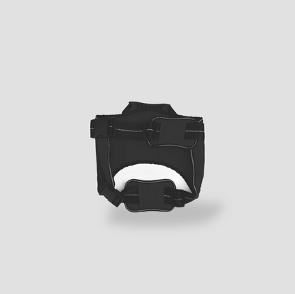 Vue arrière du harnais pour chien noir avec sangle poitrail ajustable et boucles à dégagement rapide