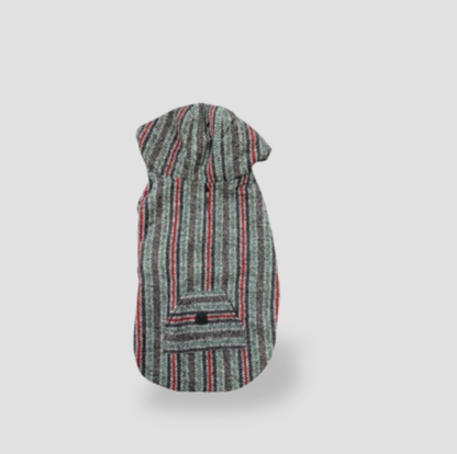 Striped Southpaw pet poncho hoodie in gray, red and teal woven fabric, front view