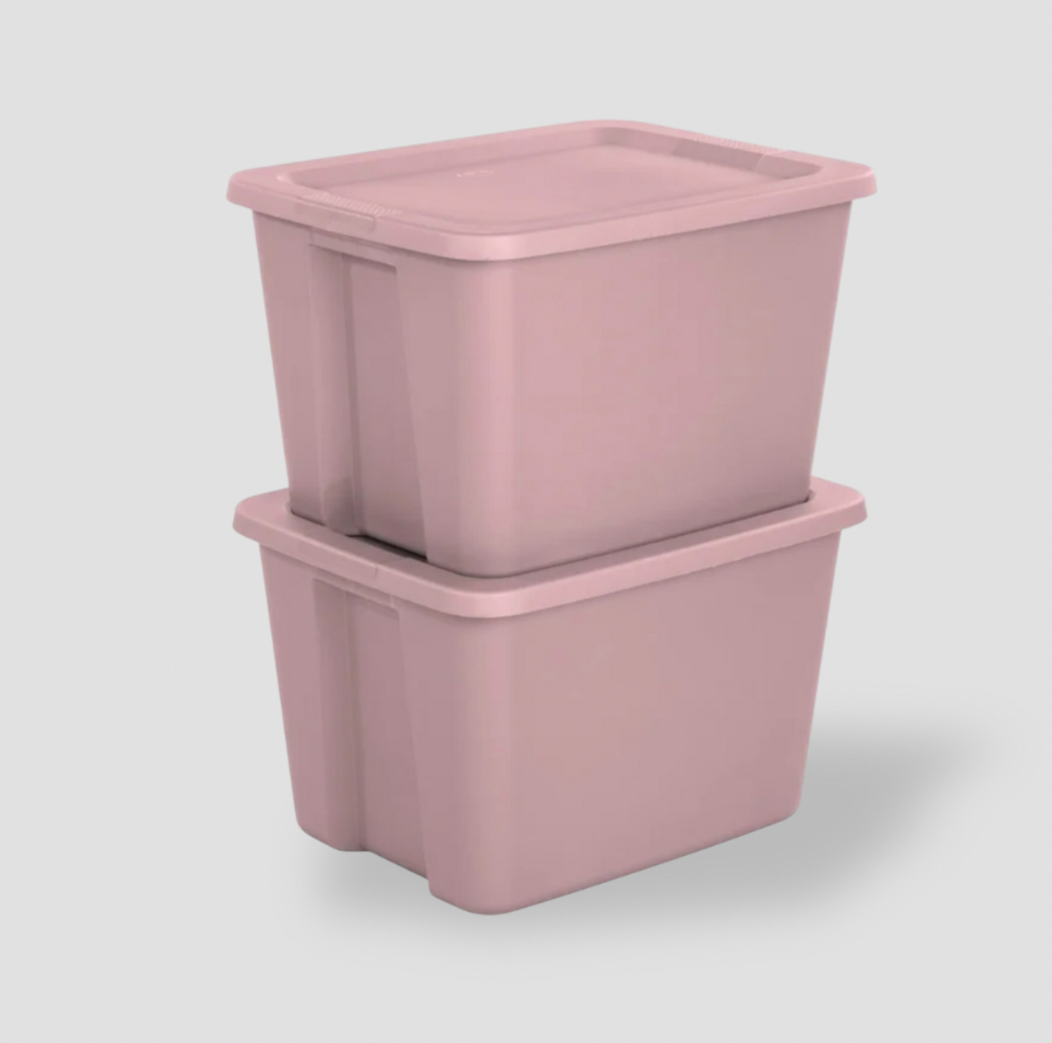 Deux boîtes de rangement rose pâle empilées avec couvercles, vue de face de bacs en plastique