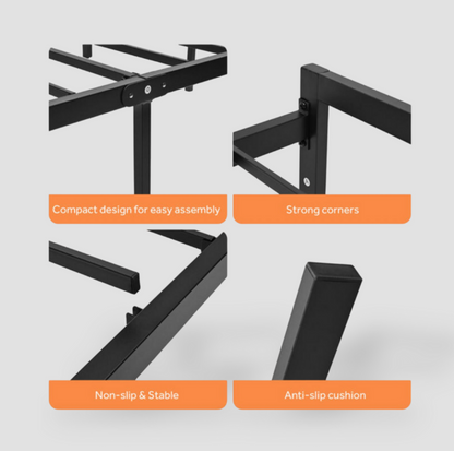 Four-panel close-up of black steel bed frame showing compact design, corners, anti-slip foot and cushion