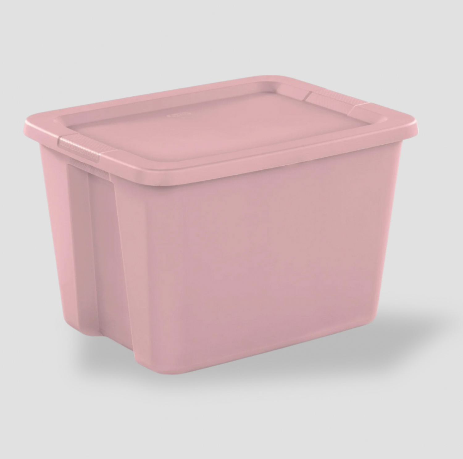 Boîte de rangement en plastique rose pâle de 18 gallons avec couvercle à clipser, vue trois-quarts