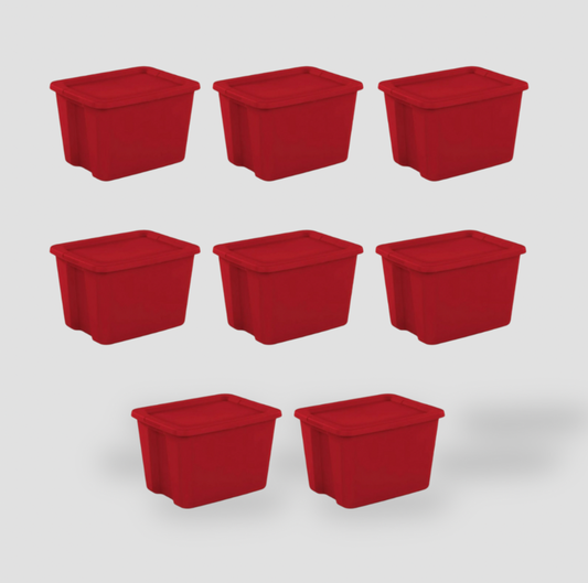 Ensemble de huit bacs de rangement en plastique rouge Sterilite de 18 gallons avec couvercles disposés en trois rangées