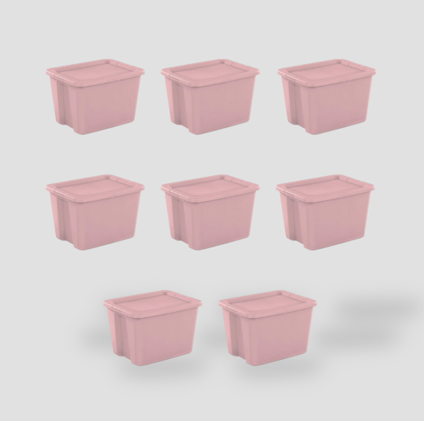 Huit boîtes de rangement en plastique rose pâle avec couvercles à clipser disposées en grille, vue complète du lot