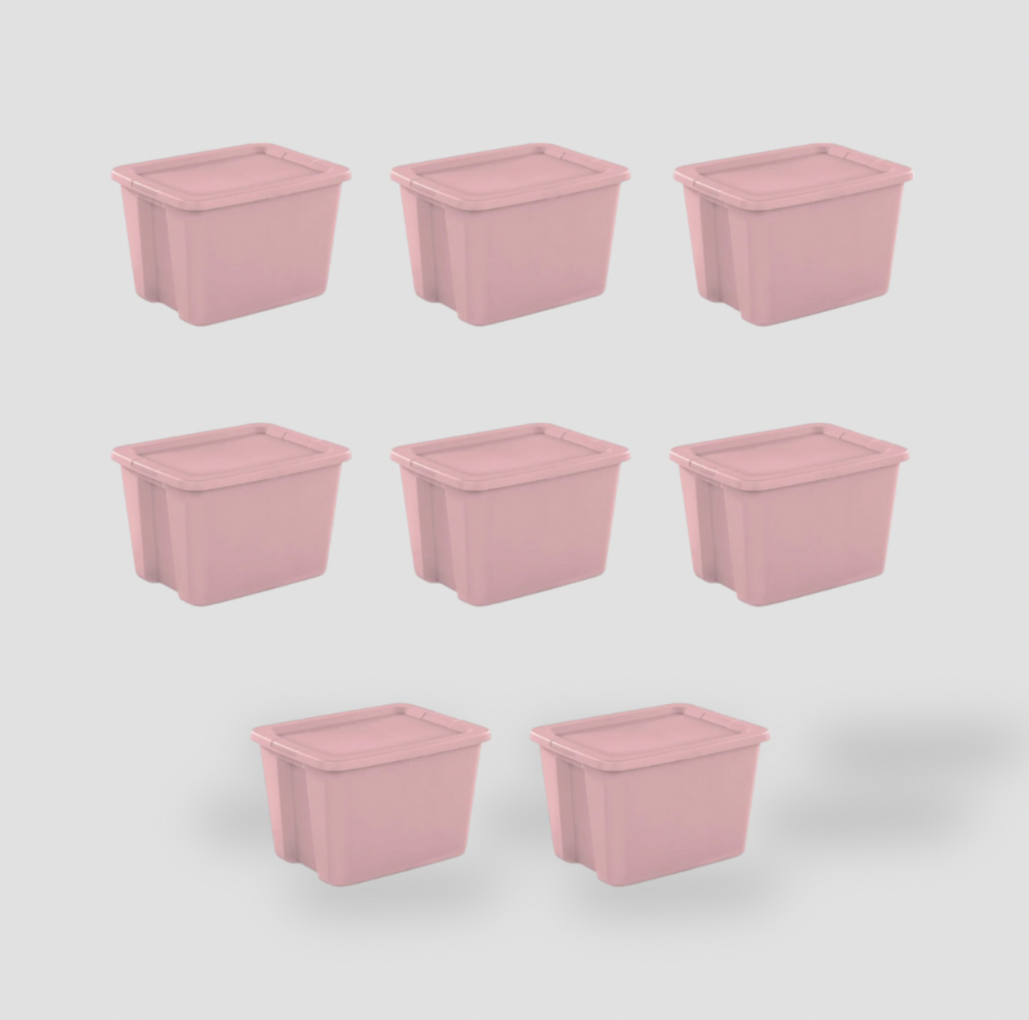 Huit boîtes de rangement en plastique rose pâle avec couvercles à clipser disposées en grille, vue complète du lot