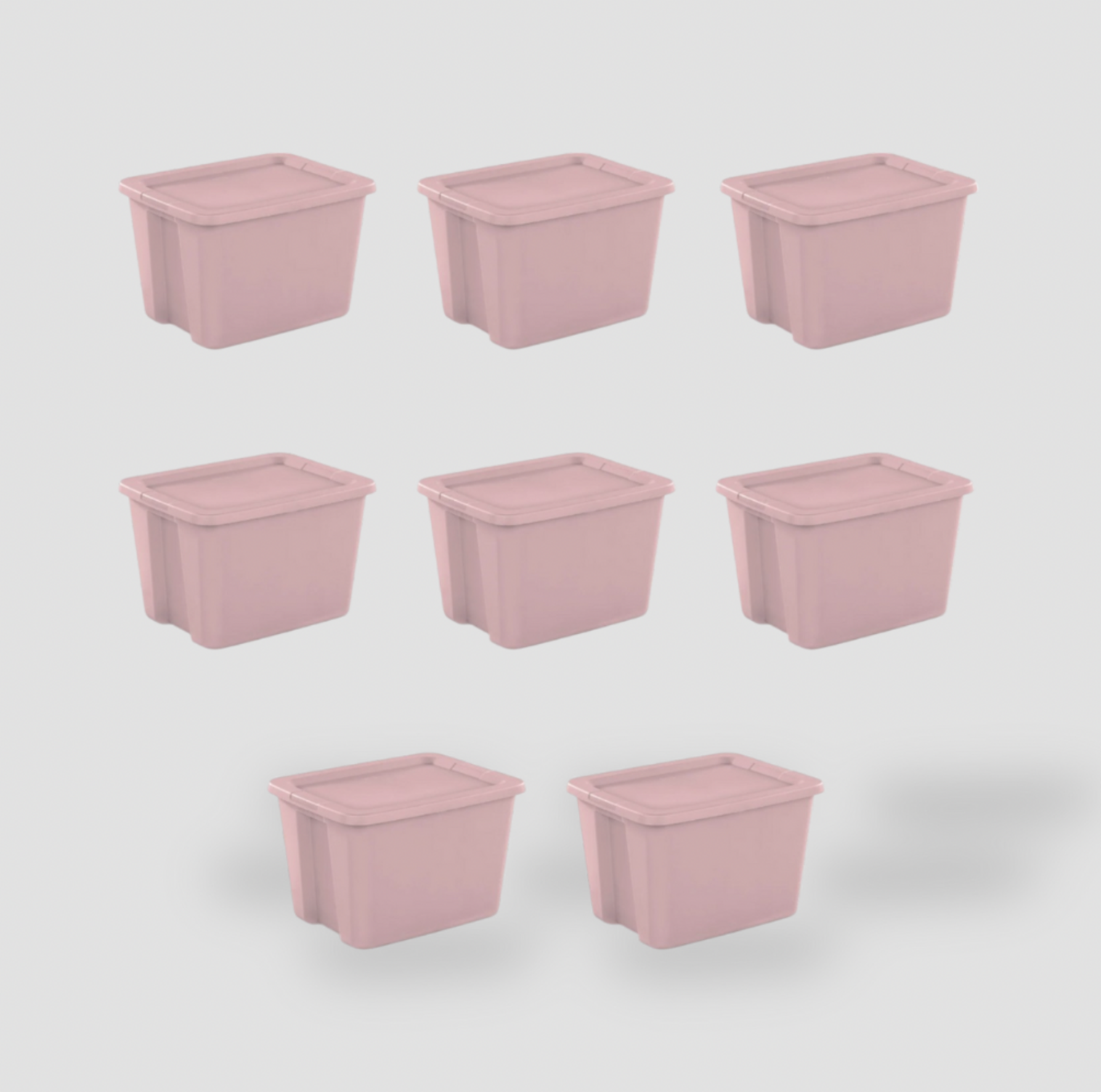 Huit boîtes de rangement en plastique rose pâle avec couvercles à clipser disposées en grille, vue complète du lot