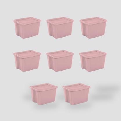 Huit boîtes de rangement en plastique rose pâle avec couvercles à clipser disposées en grille, vue complète du lot