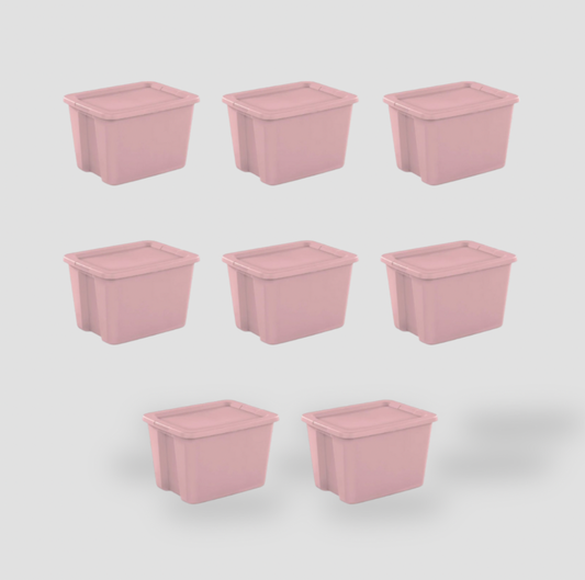 Eight blush pink plastic storage totes with snap-on lids arranged in a grid, full set view