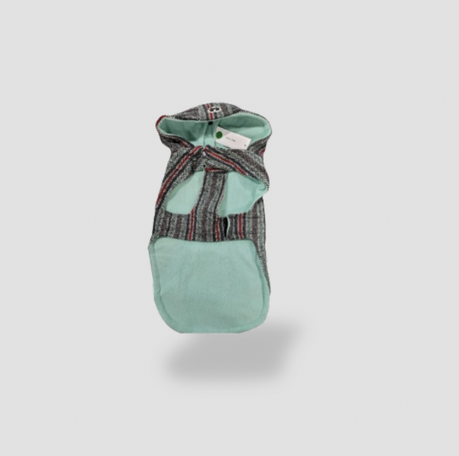 Striped pet poncho hoodie reversed showing mint green fabric lining and hood