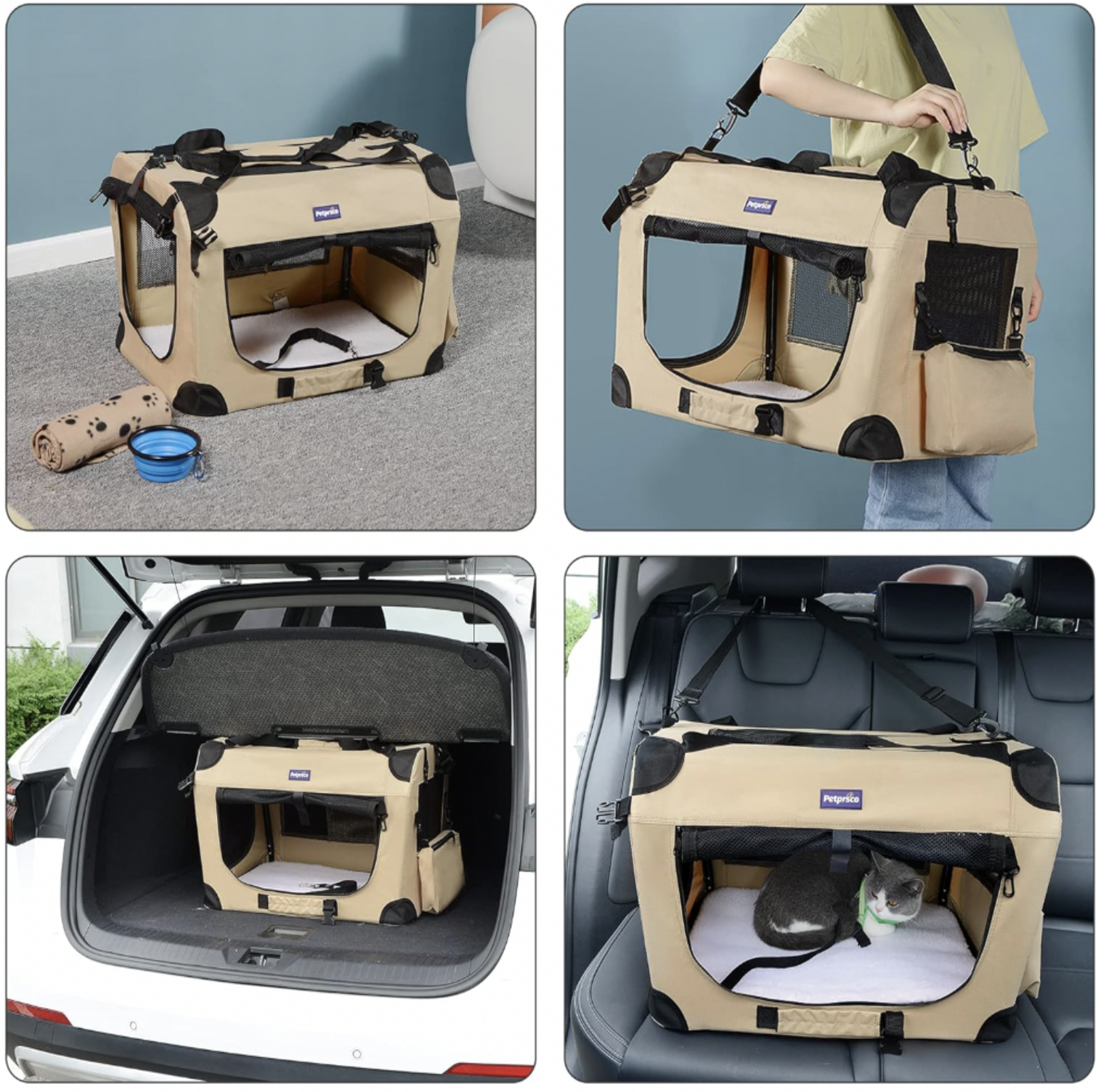 Collage de quatre images de la cage tan pour chien dans un couloir, portée à l'épaule, dans le coffre du SUV et sur la banquette arrière avec chat