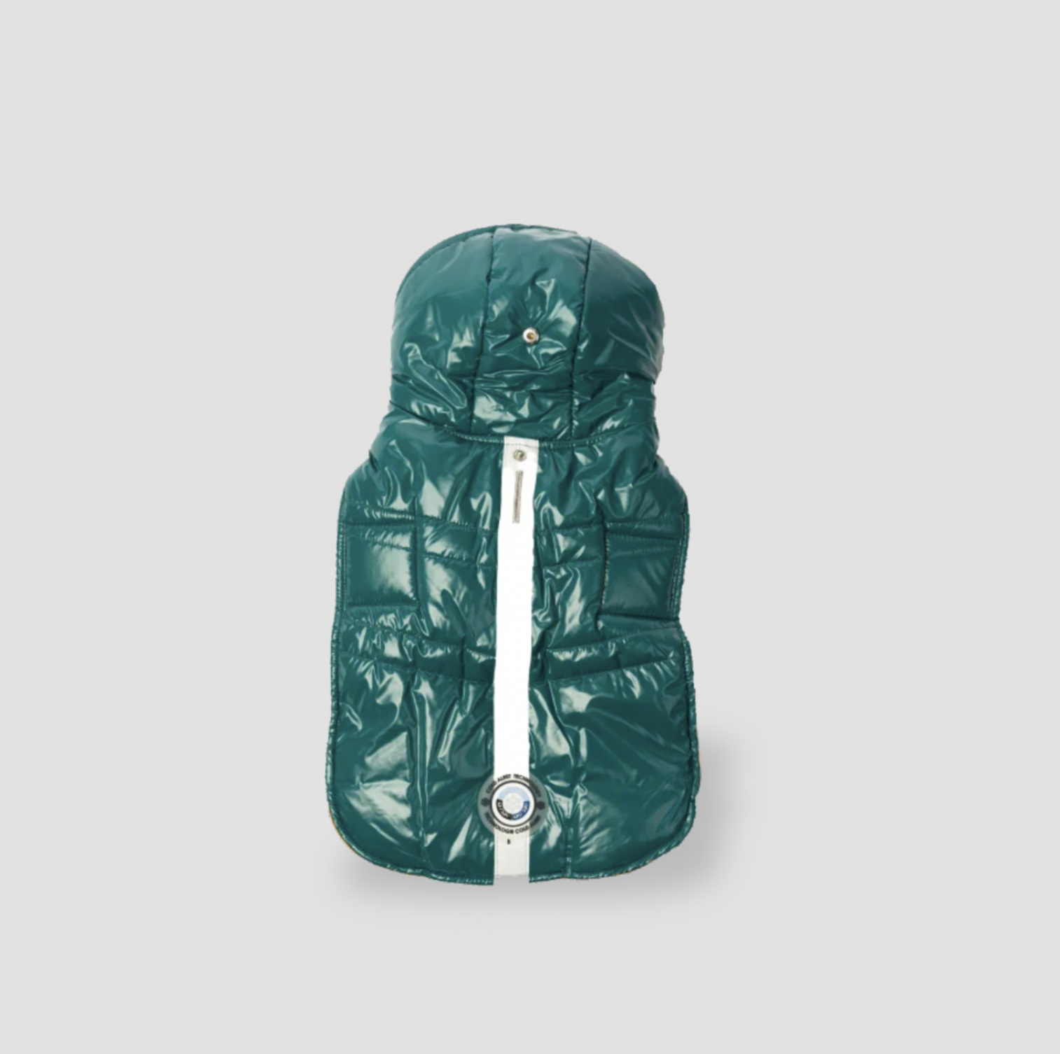 Veste matelassée brillante teal pour chien avec bande centrale blanche zippée et écusson Silver Paw, vue produit