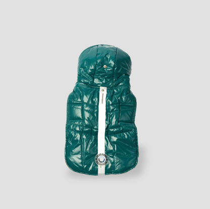 Veste matelassée brillante teal pour chien avec bande centrale blanche zippée et écusson Silver Paw, vue produit