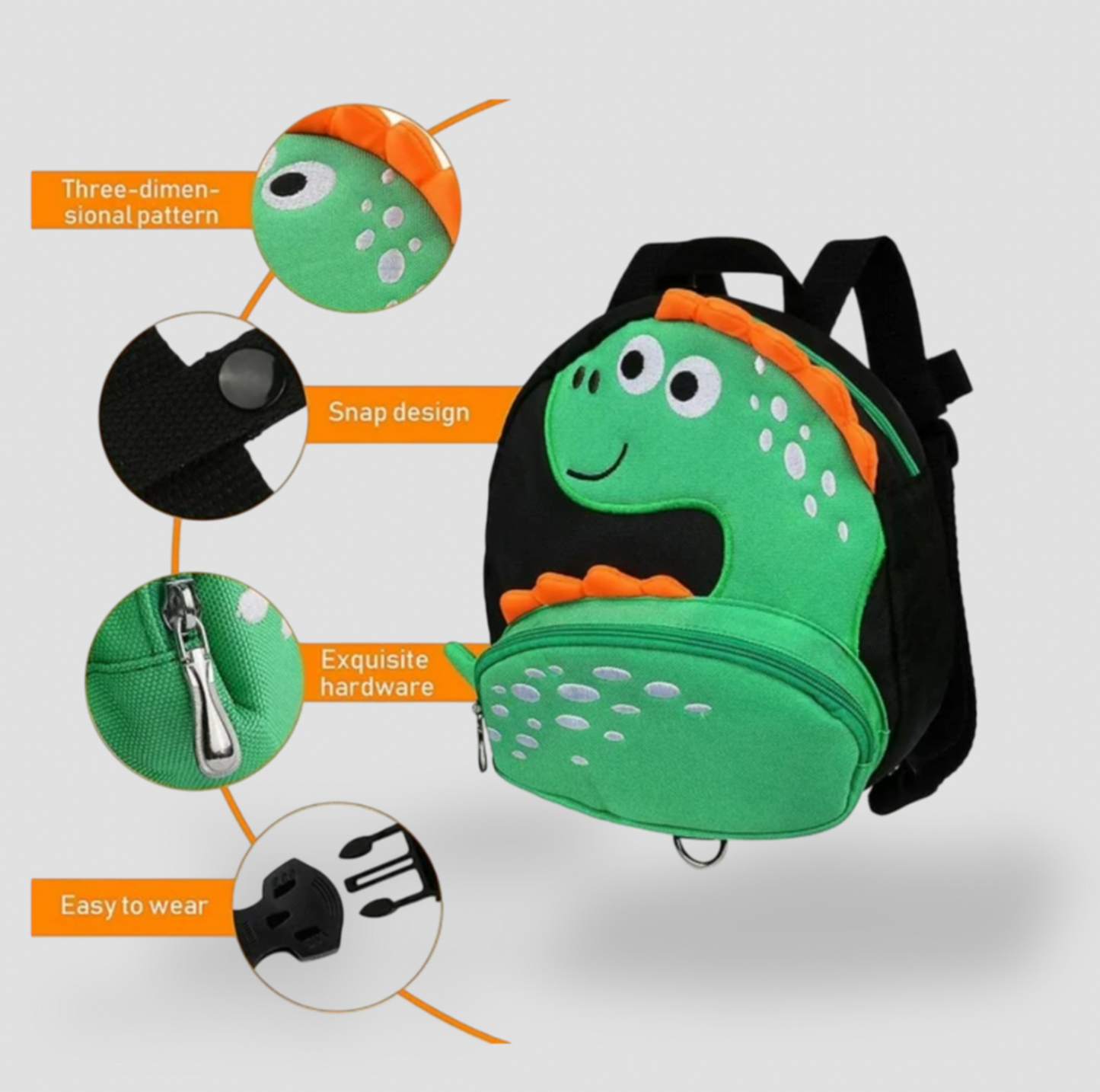 Sac à dos dinosaure vert pour tout-petit avec zooms sur le motif 3D, sangle à pression, fermeture éclair et mousqueton de harnais