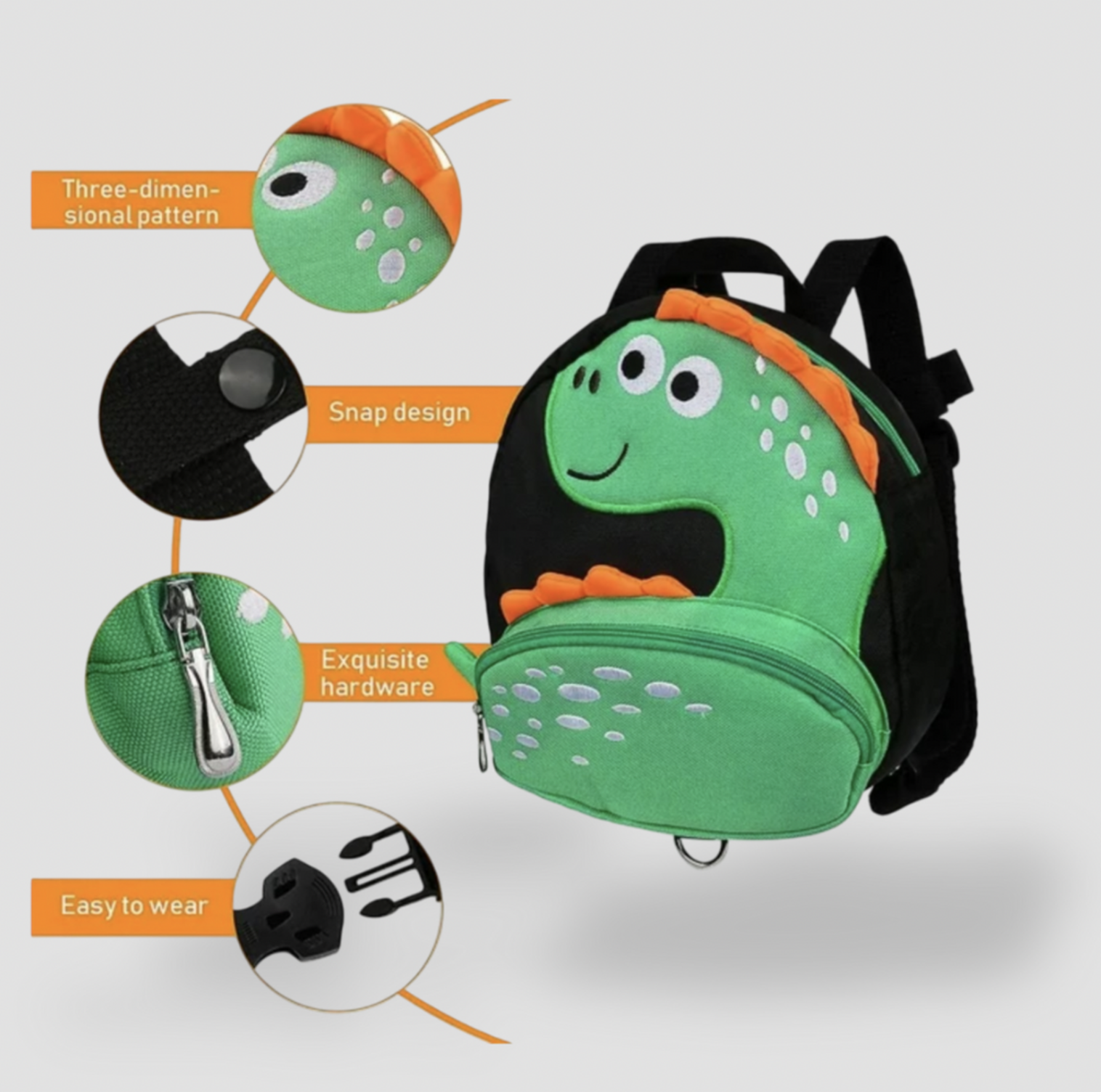 Sac à dos dinosaure vert pour tout-petit avec zooms sur le motif 3D, sangle à pression, fermeture éclair et mousqueton de harnais