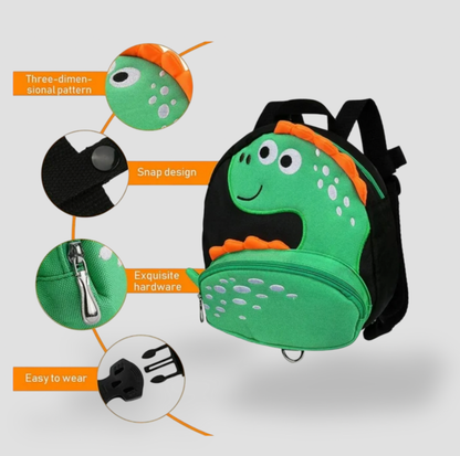 Sac à dos dinosaure vert pour tout-petit avec zooms sur le motif 3D, sangle à pression, fermeture éclair et mousqueton de harnais
