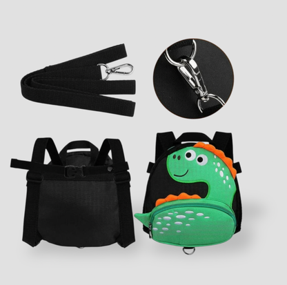 Sac à dos dinosaure pour tout-petit avec laisse de sécurité détachable, vue arrière du harnais et gros plan du mousqueton