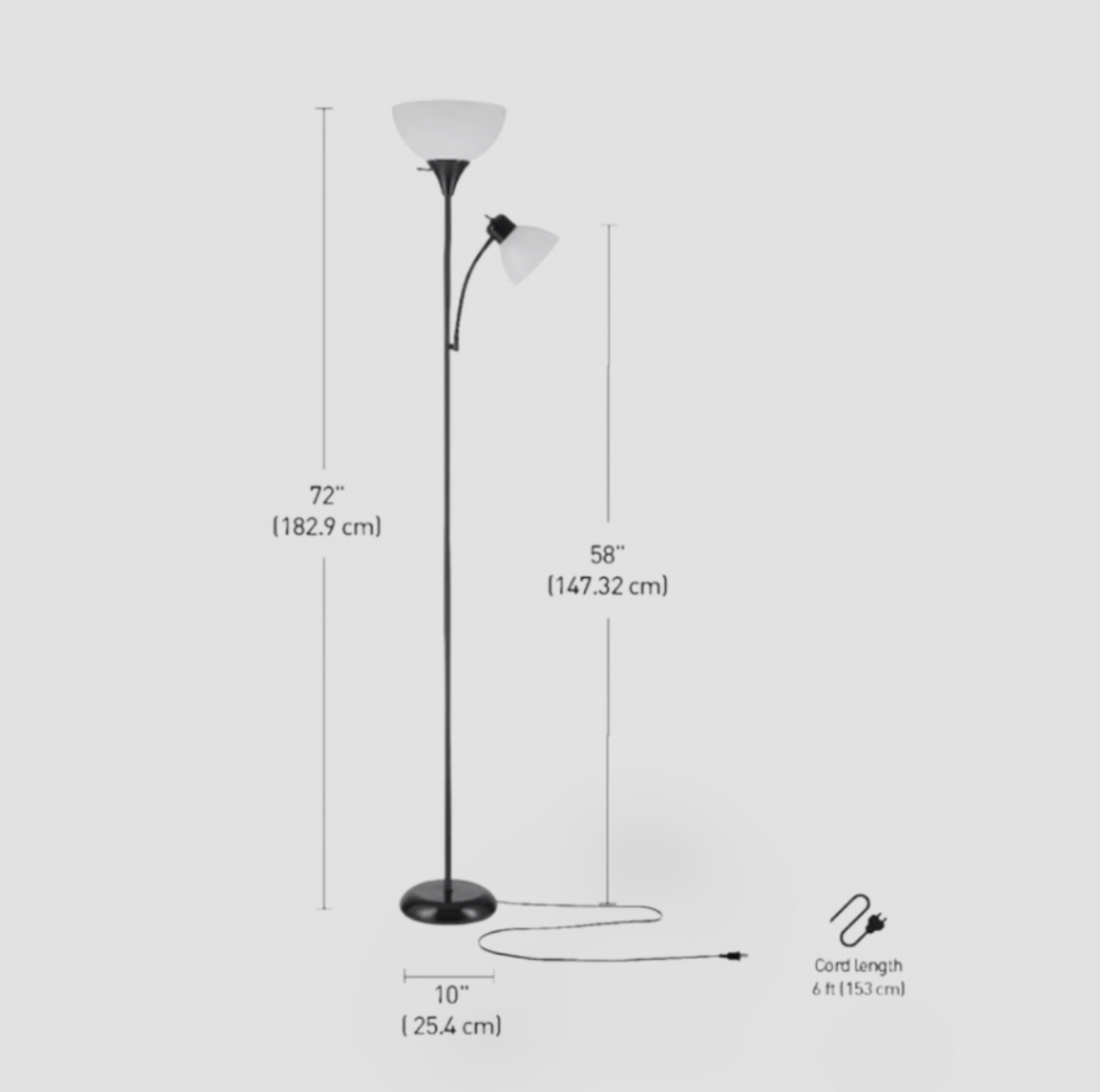 Lampadaire torchère noir avec mentions de dimensions 72 po hauteur, 10 po base et cordon de 6 pi