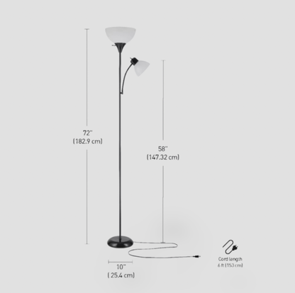 Lampadaire torchère noir avec mentions de dimensions 72 po hauteur, 10 po base et cordon de 6 pi