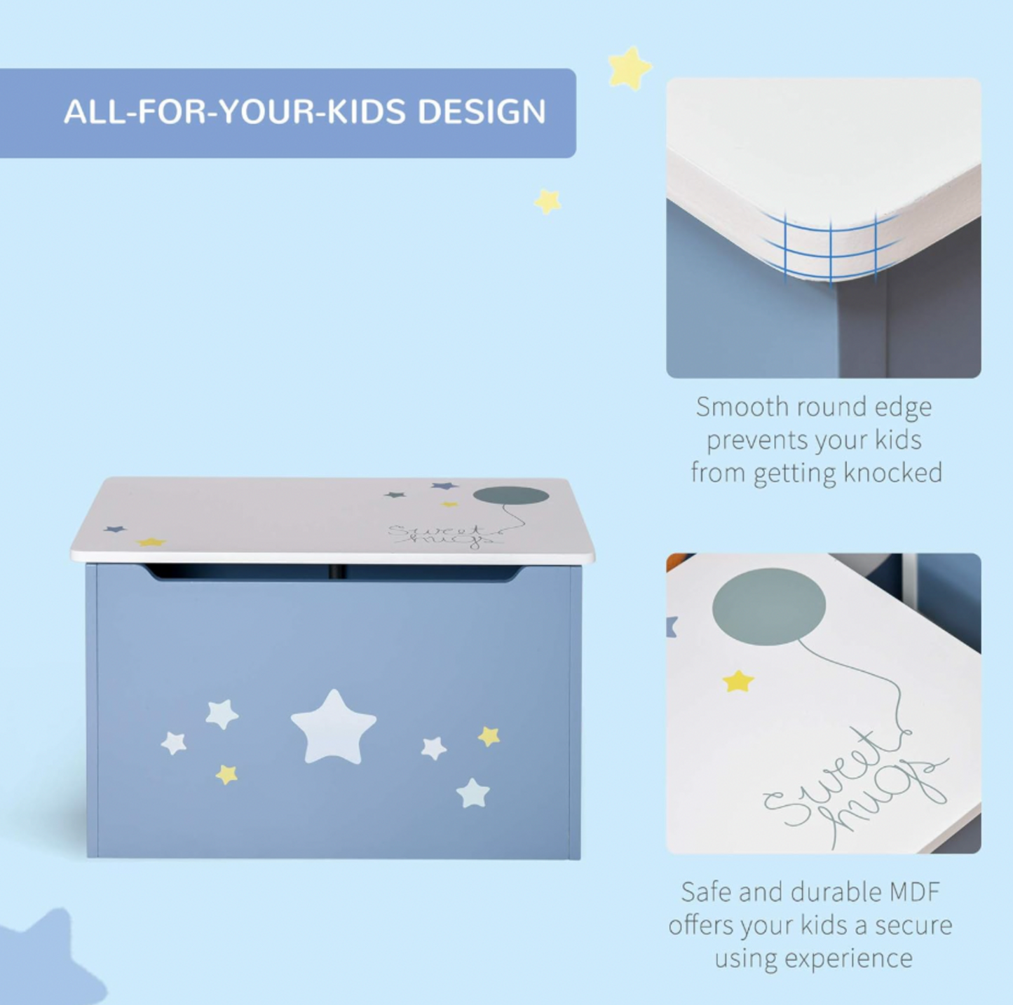 Coffre à jouets bleu avec encarts du détail de coin arrondi et du dessus illustré, mentions All-For-Your-Kids Design avec bord arrondi lisse et MDF sécuritaire
