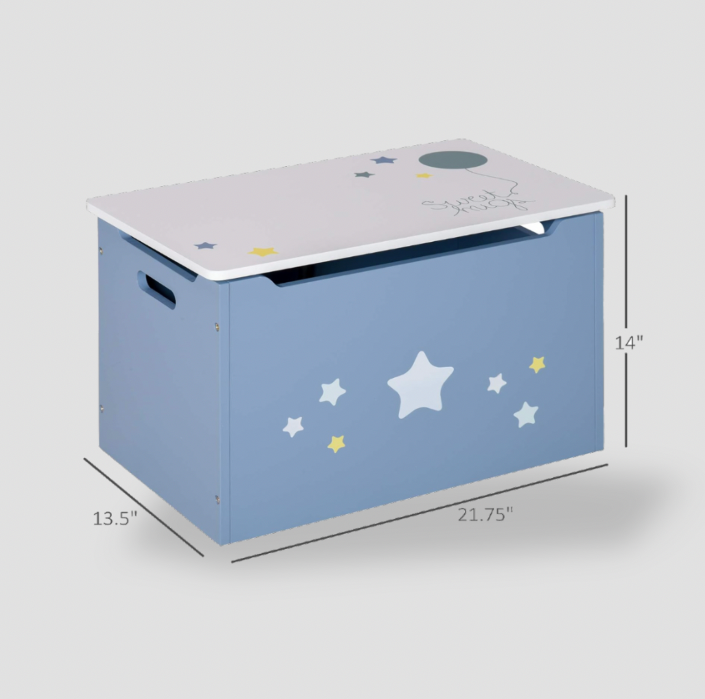 Coffre à jouets bleu à motif d'étoiles avec mentions de dimensions 21,75 x 13,5 x 14 pouces