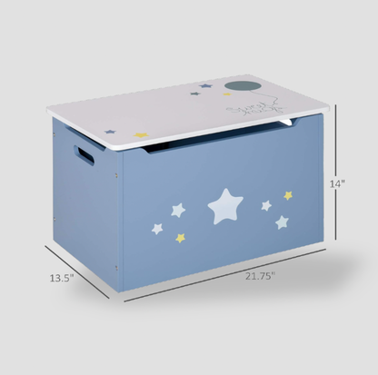 Coffre à jouets bleu à motif d'étoiles avec mentions de dimensions 21,75 x 13,5 x 14 pouces