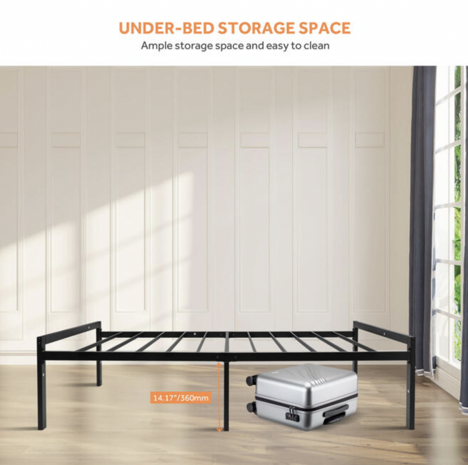 Black twin bed frame in bedroom showing 14.17 inch under-bed storage space with suitcase