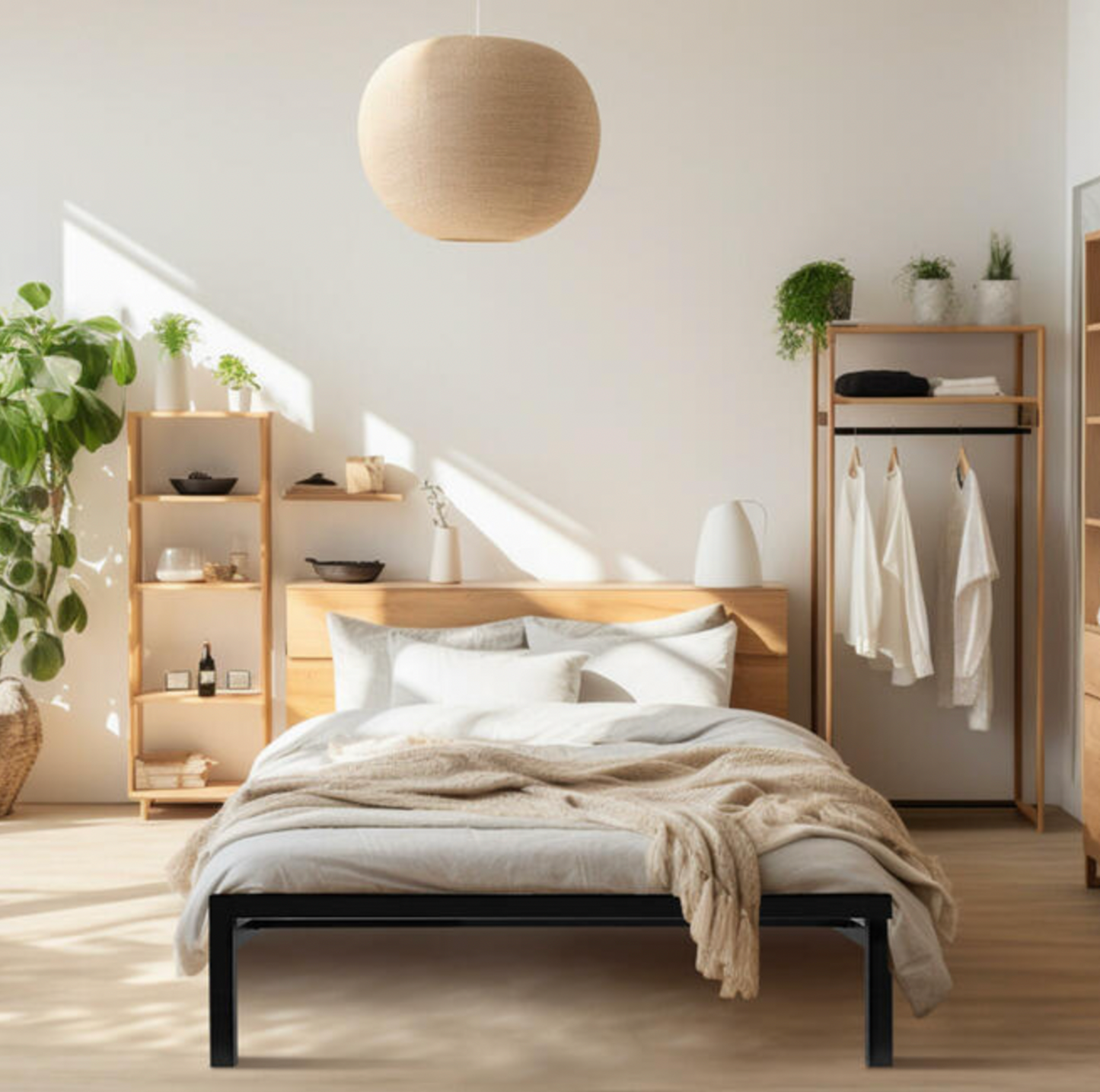 Twin steel bed frame styled with white linens, beige throw and wood headboard in bright bedroom