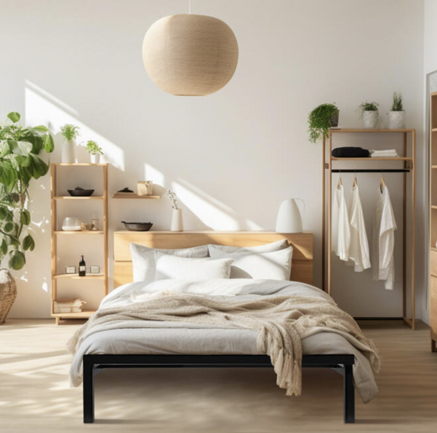 Twin steel bed frame styled with white linens, beige throw and wood headboard in bright bedroom